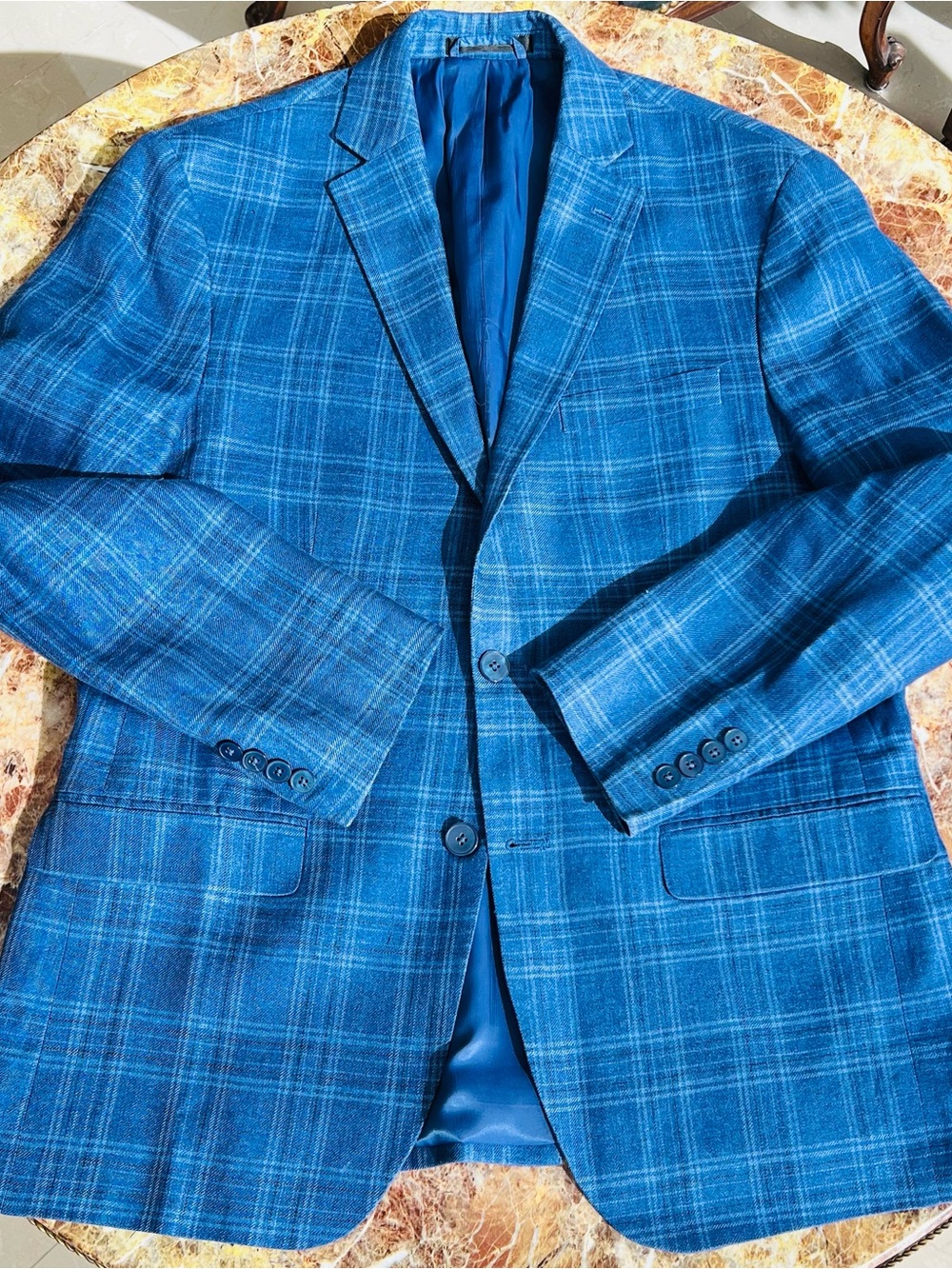 Linen, Ralph Lauren Blue Windowpane Plaid Blazer